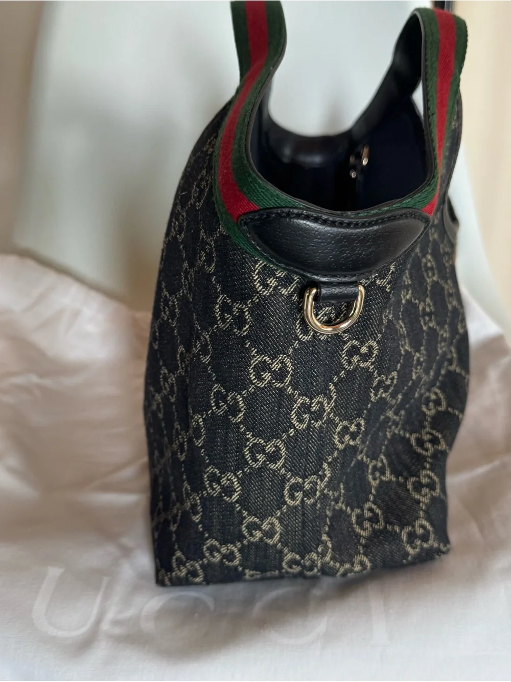 Gucci Black Denim Giglio Canvas Tote with Green-Red Stripe - Picture 3 of 11